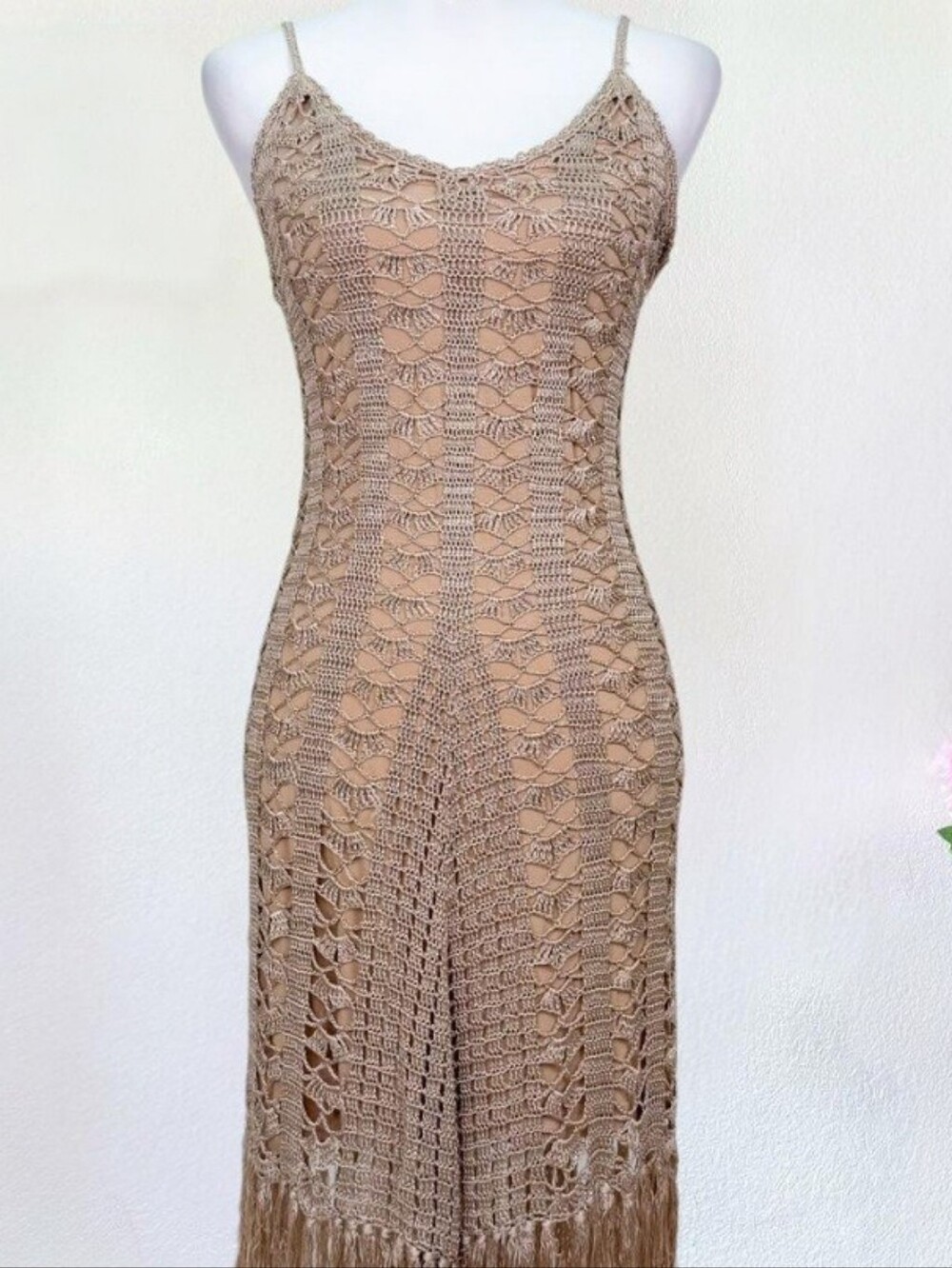 Venus Tan Crochet Fringe Dress XS